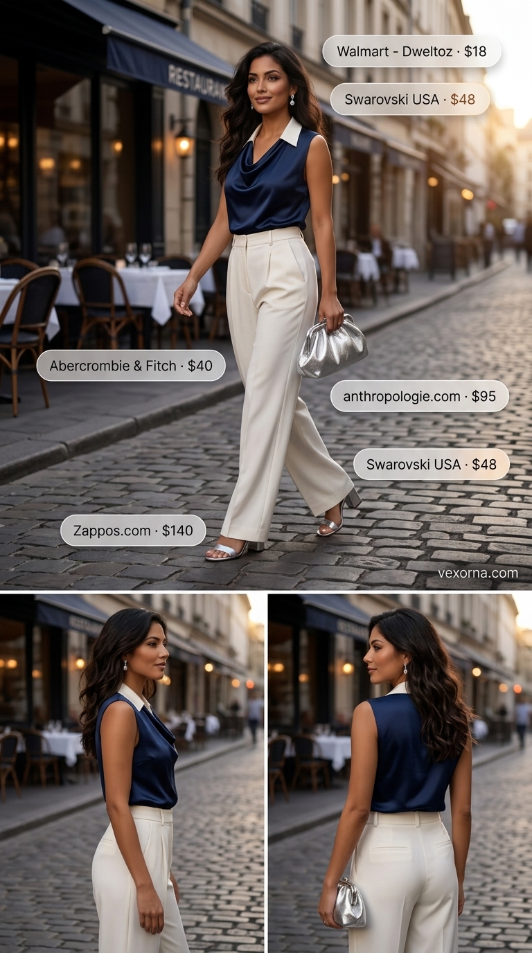 Twilight Yacht Soirée: Sleeveless Tops 2026 Collared summer sleeveless tops for women 2026: Navy satin collared tank, off-white trousers for a chic evening look.