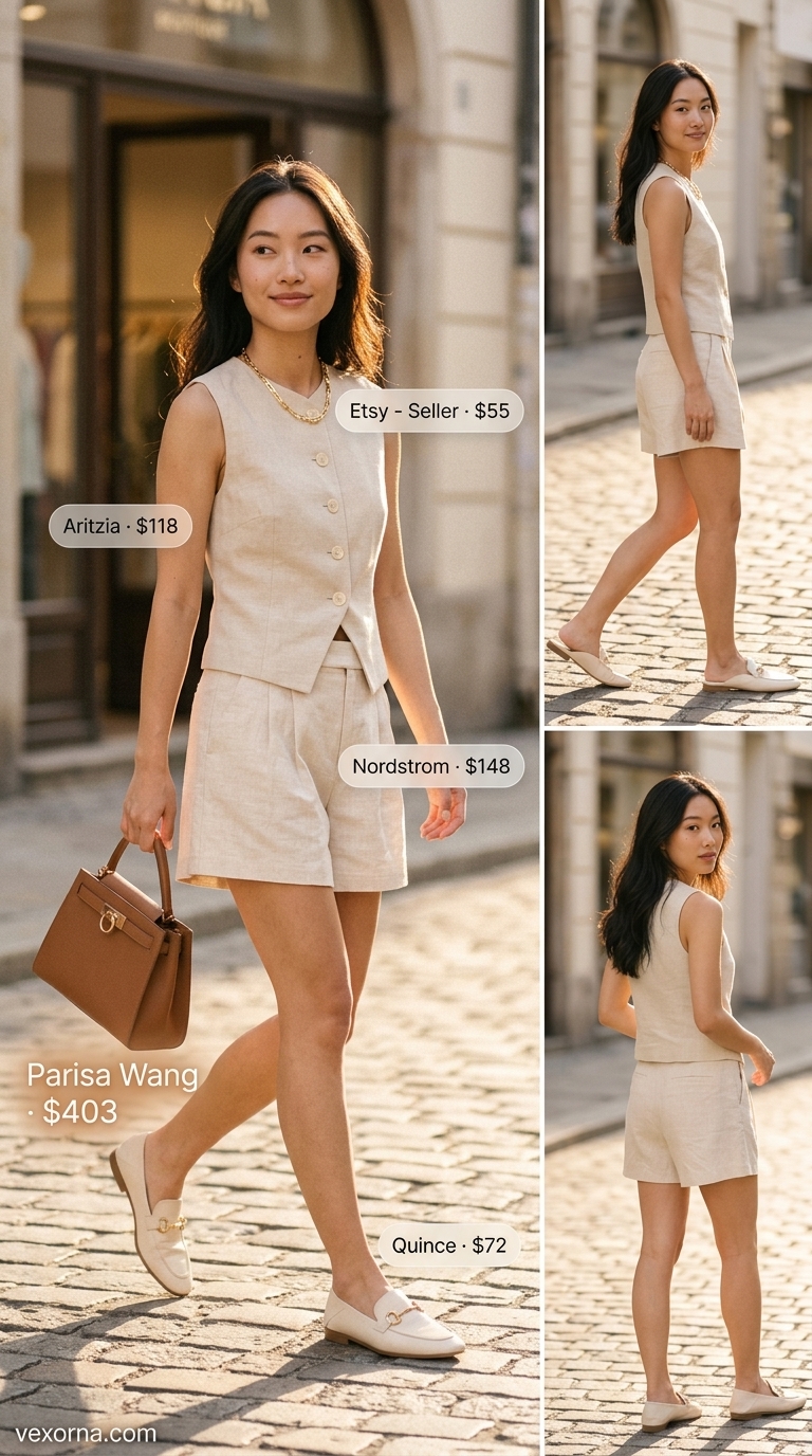 City Safari Chic 2026: Beige Sleeveless Vest Beige collared summer sleeveless vest top for women 2026 with tailored shorts for city exploration.