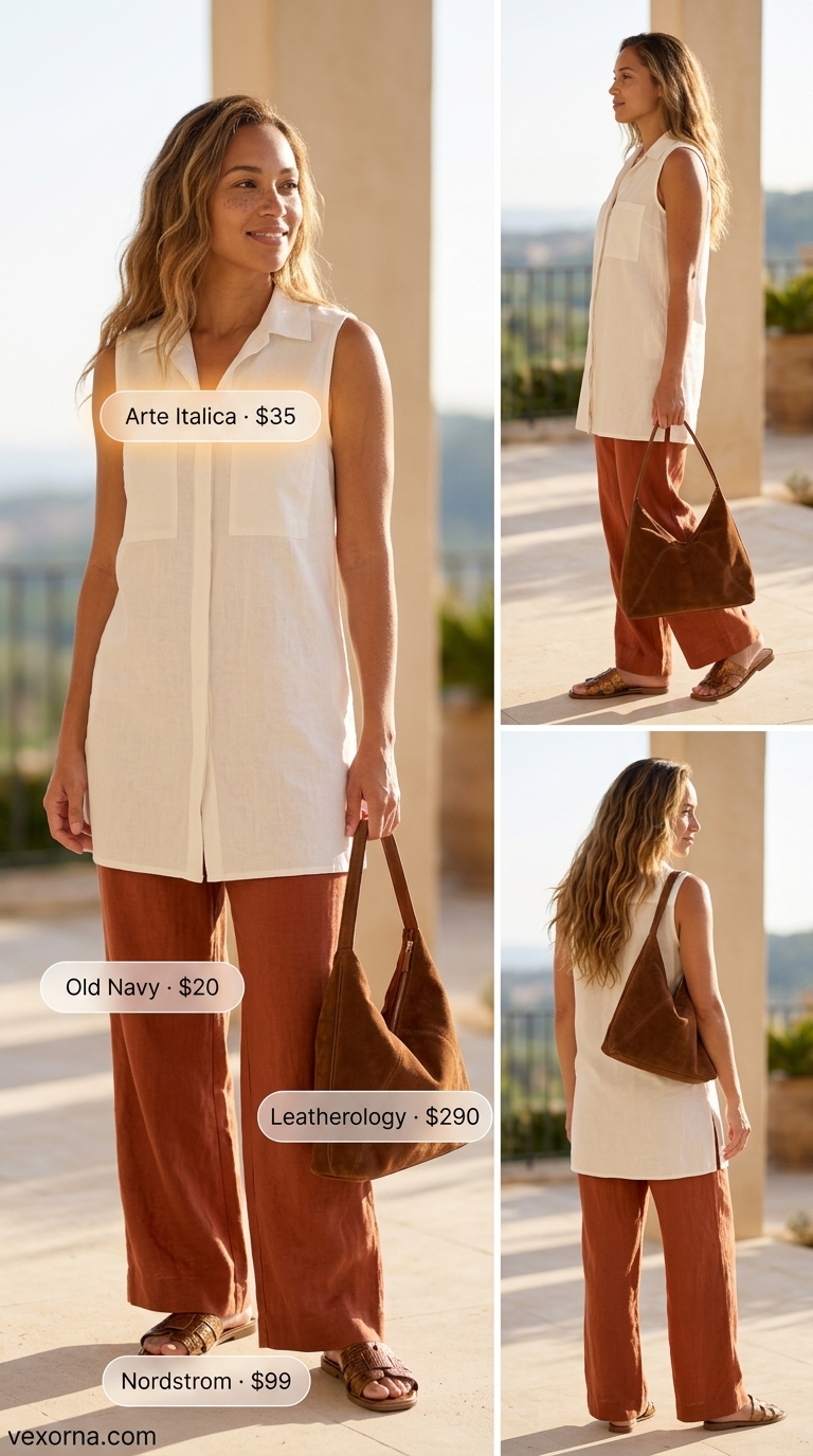 Earthy Weekend Escape 2026: Ecru Sleeveless Tunic Ecru collared summer sleeveless tunic for women 2026 with terracotta linen pants for a weekend escape.