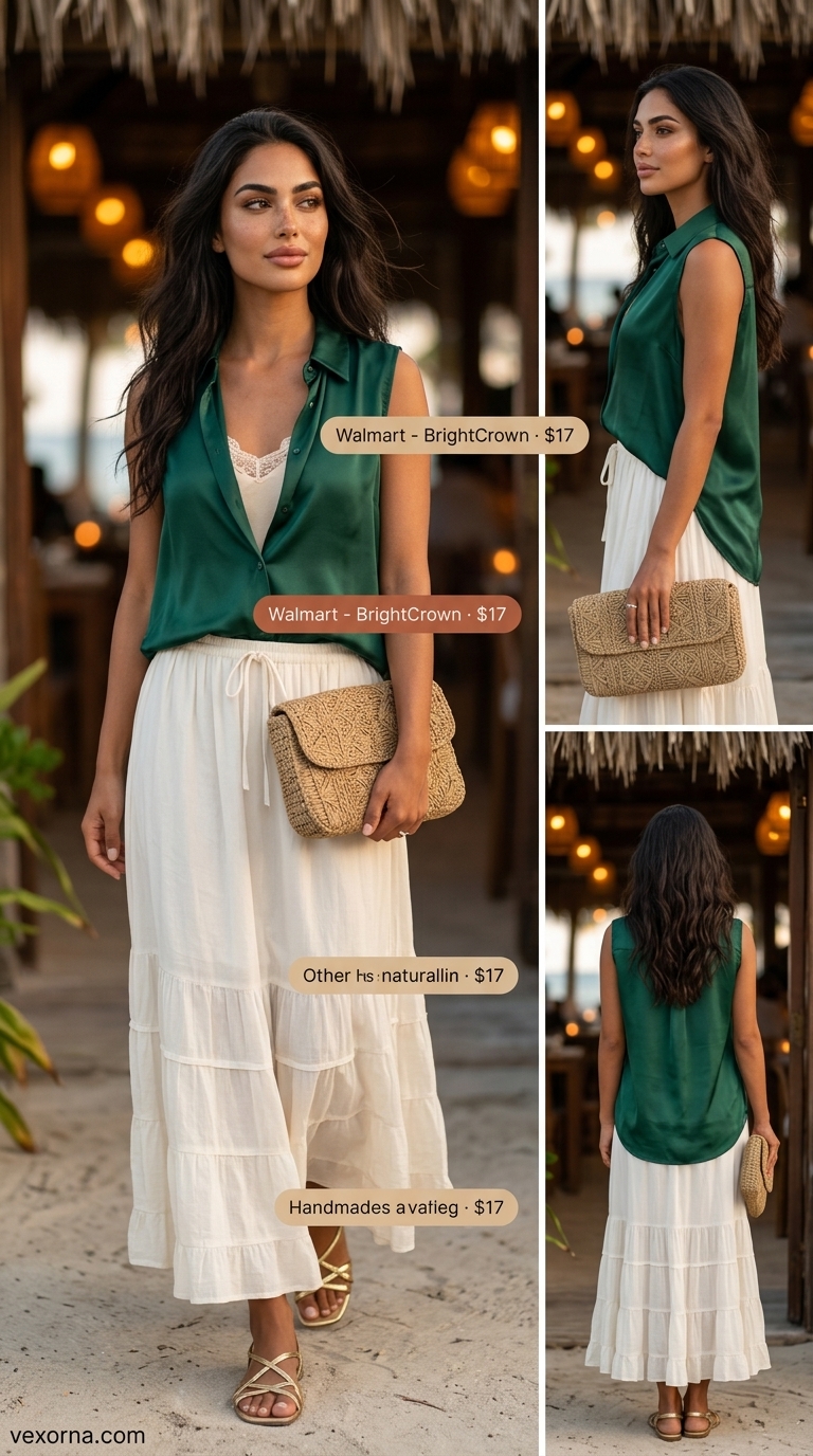 Resort Dinner Style 2026: Emerald Sleeveless Top Emerald green collared summer sleeveless top for women 2026 paired with a cream maxi skirt for a resort dinner.