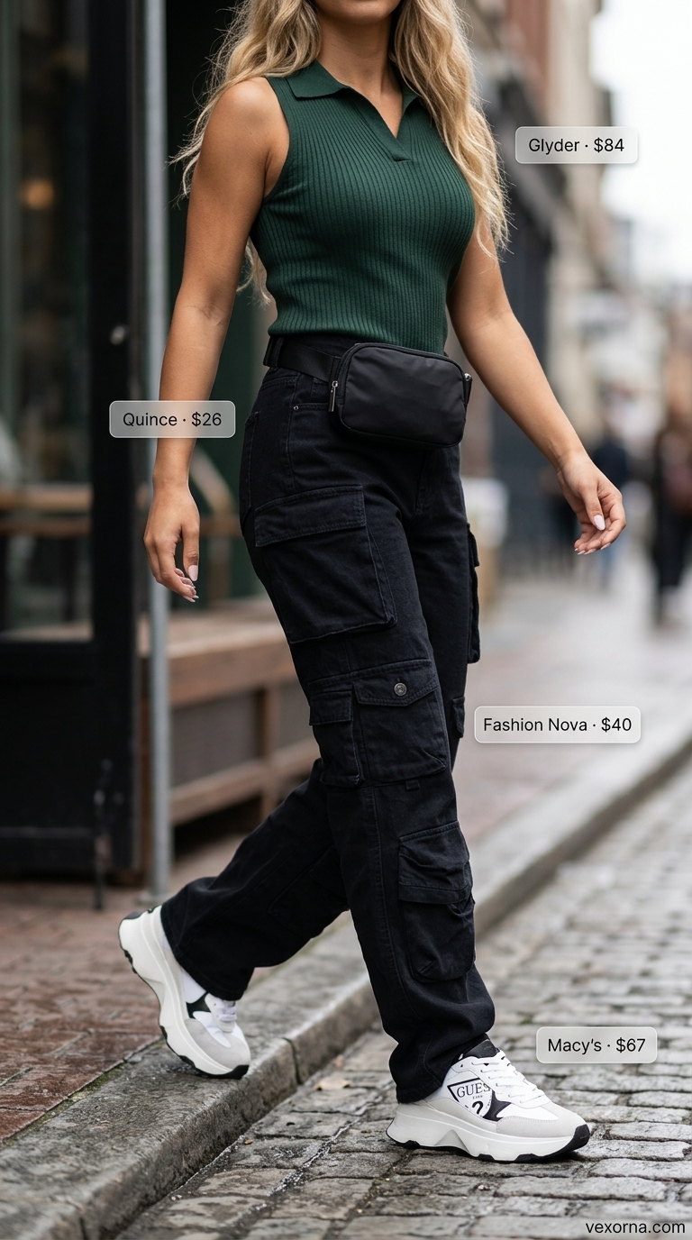 Urban Green Scene 2026: Forest Sleeveless Top Forest green collared summer sleeveless top for women 2026 with black cargo pants for an urban look.
