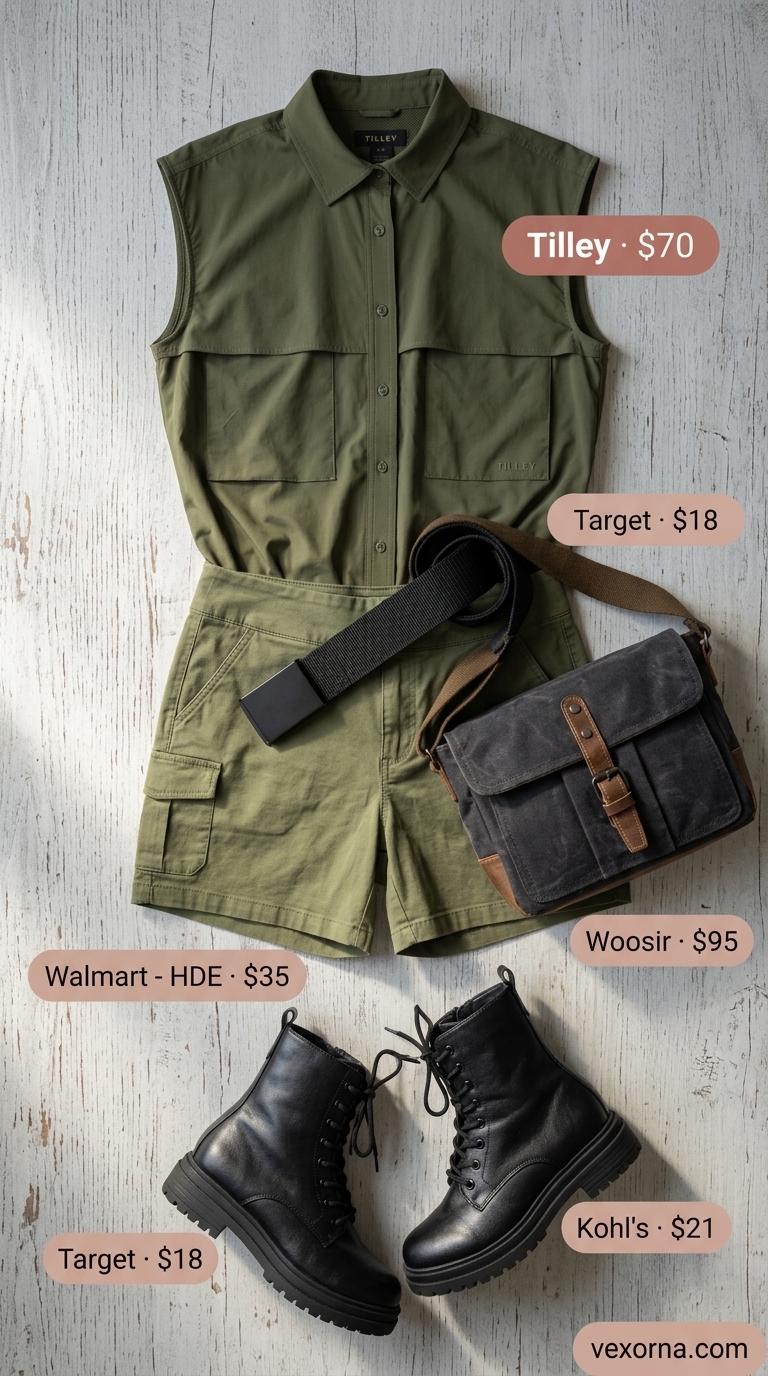 Safari City Stroll 2026: Khaki Sleeveless Top Khaki collared summer sleeveless top for women 2026 with olive green cargo shorts for a safari city stroll.