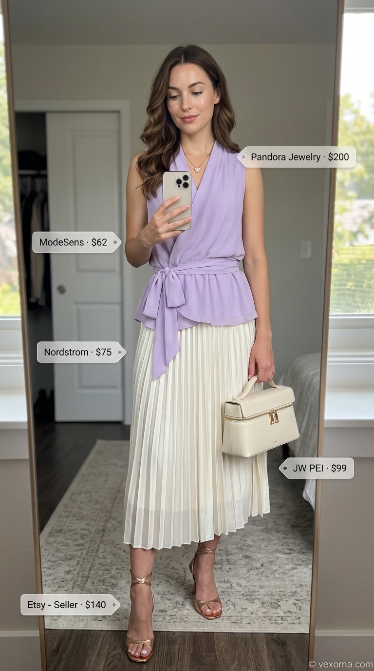 Lavender Garden Soiree 2026: Wrap Sleeveless Blouse Lavender collared summer sleeveless wrap blouse for women 2026 with a satin midi skirt for a garden party.