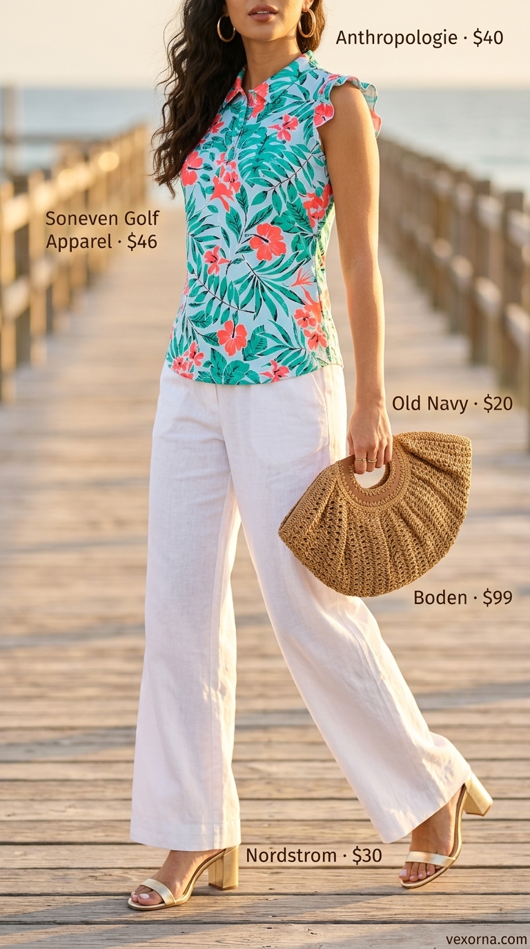 Tropical Sunset Dinner 2026: Vibrant Sleeveless Top Coral and teal print collared summer sleeveless top for women 2026 with white wide-leg pants for a tropical dinner.