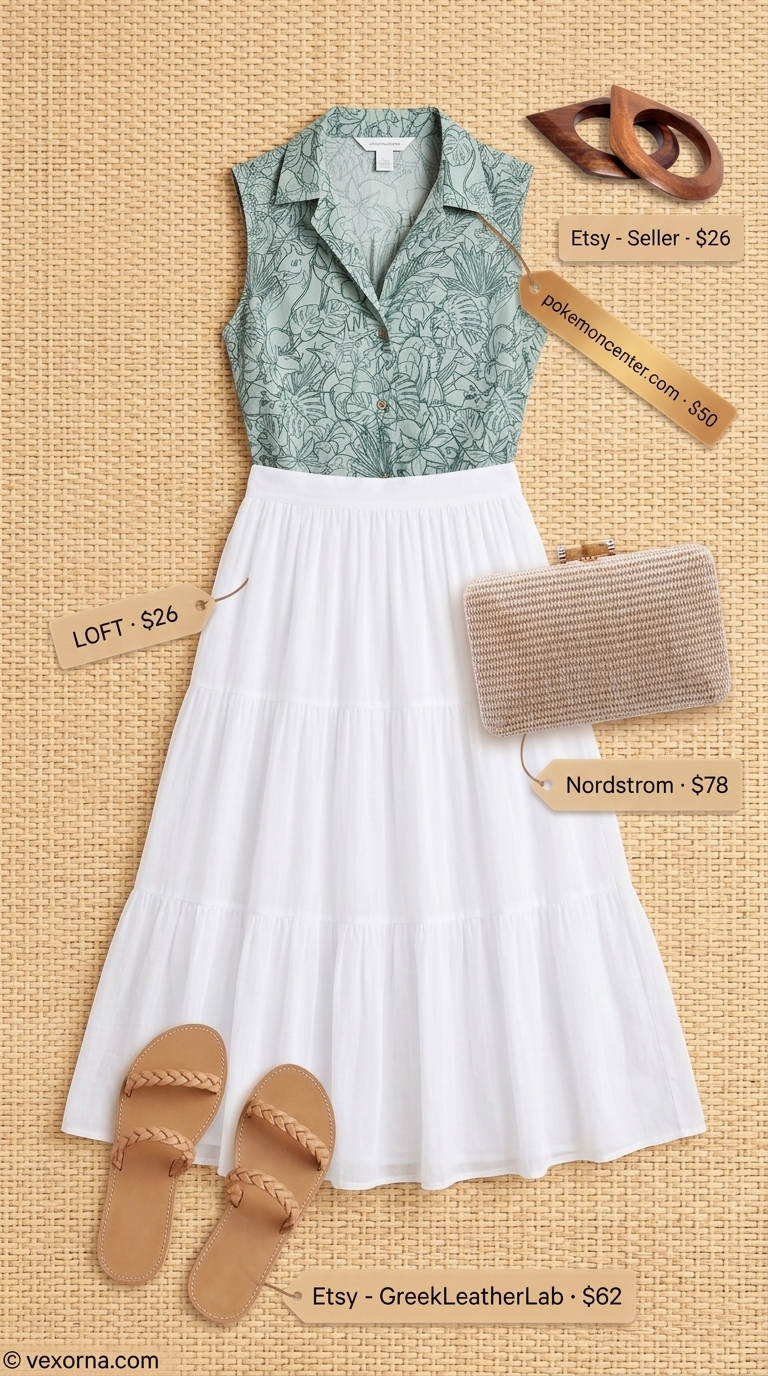 Tropical Resort Dinner 2026: Green Sleeveless Top Tropical green collared summer sleeveless top for women 2026 with white maxi skirt for a resort dinner.