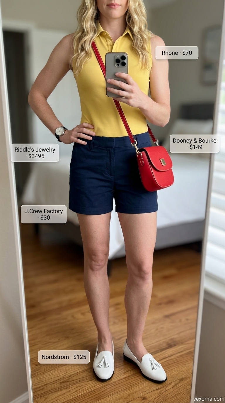 Regatta Day Prep 2026: Yellow Sleeveless Polo Bright yellow collared summer sleeveless polo shirt for women 2026 with navy chino shorts for a regatta day.