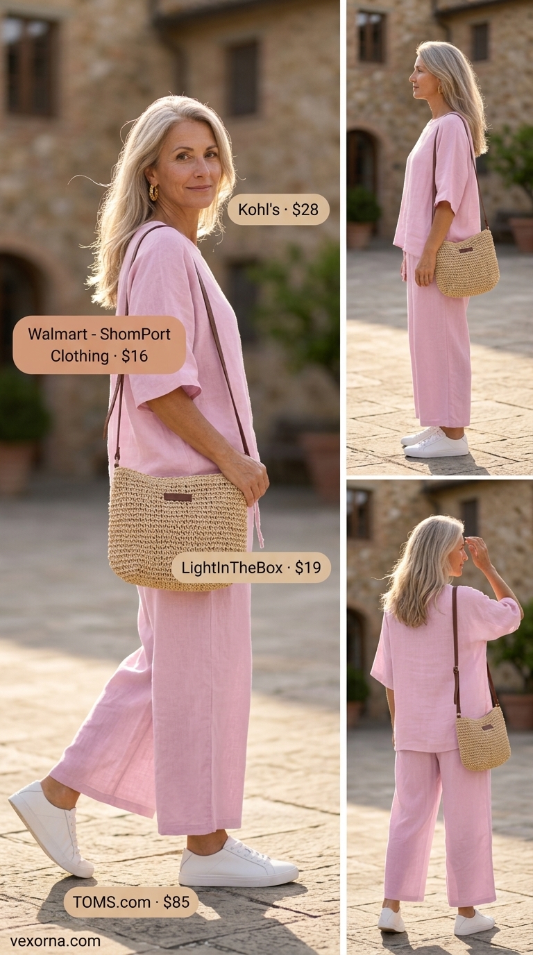 Comfortable summer outfit for women over 50 2026: Blush pink linen-blend set, white sneakers, and straw crossbody bag.