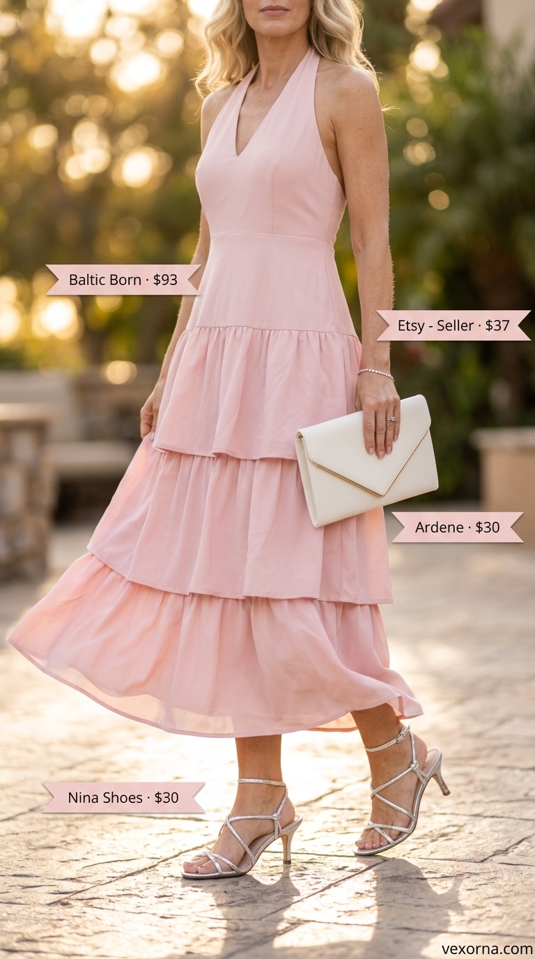Comfortable summer outfit for women over 50 2026: Blush pink maxi dress, silver heeled sandals, and ivory clutch.