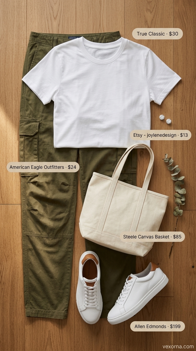 Comfortable summer outfit for women over 50 2026: Olive cargo pants, white tee, sneakers for casual daytime.