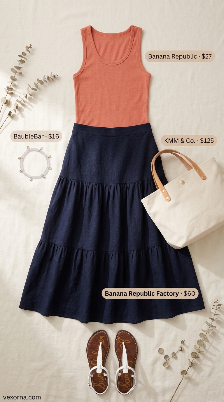 Comfortable summer outfit for women over 50 2026: Coral knit tank, navy skirt, white sandals for casual day out.