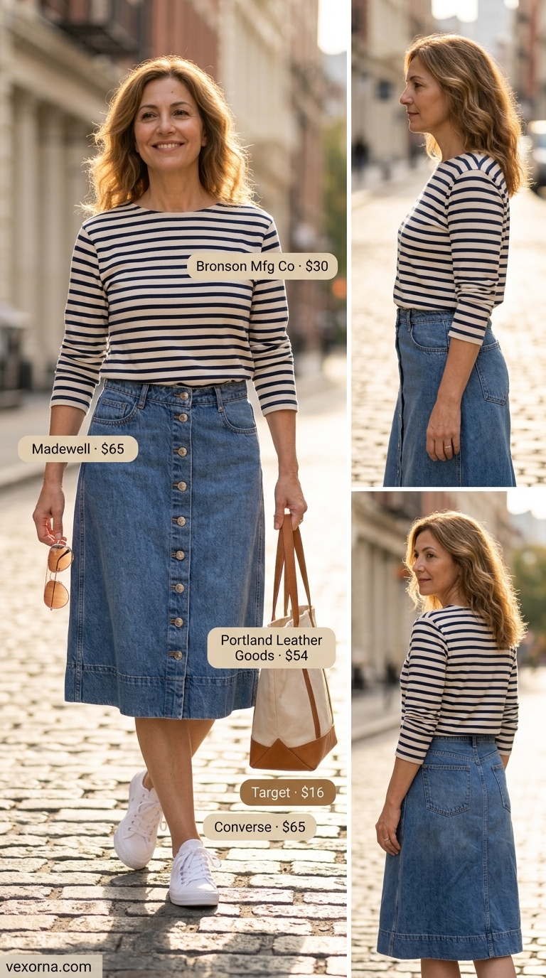 Comfortable summer outfit for women over 50 2026: Denim midi skirt, striped tee, white sneakers for casual day.