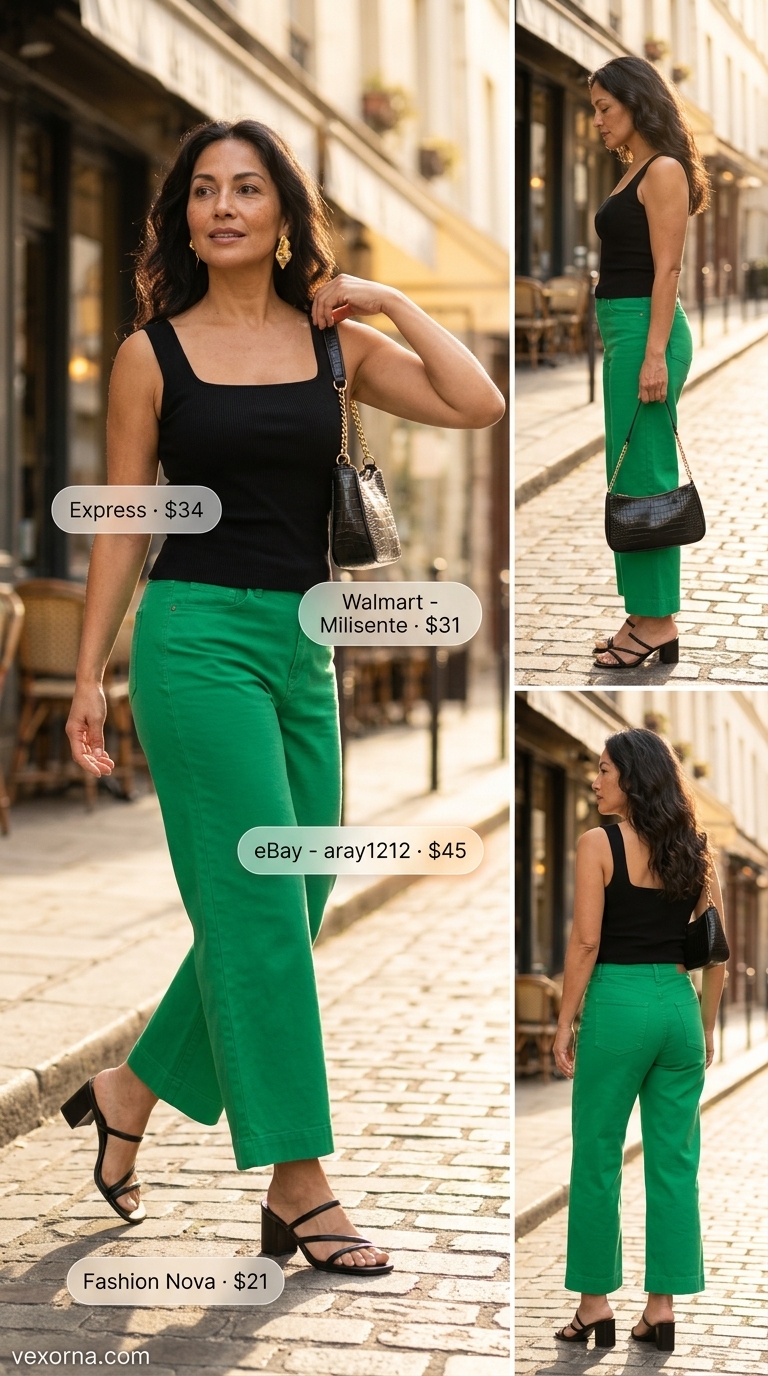 Comfortable summer outfit for women over 50 2026: Emerald green crop pants, black knit top, block heels for chic dinner.