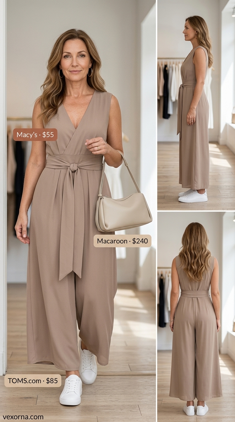 Comfortable summer outfit for women over 50 2026: Taupe wide-leg jumpsuit, white sneakers, hobo bag for casual day.