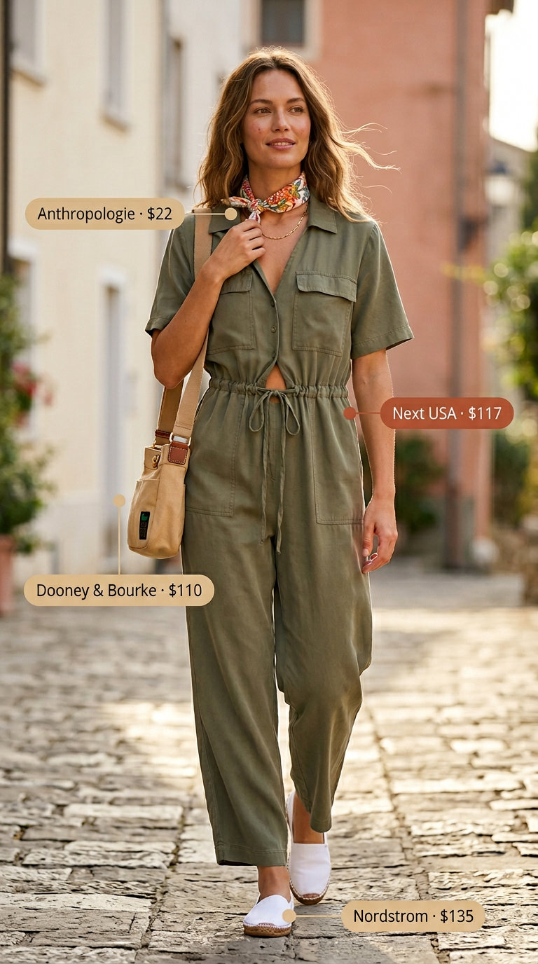 Comfortable summer outfit for women over 50 2026: Khaki utility jumpsuit, canvas bag, espadrille flats, and bandana.