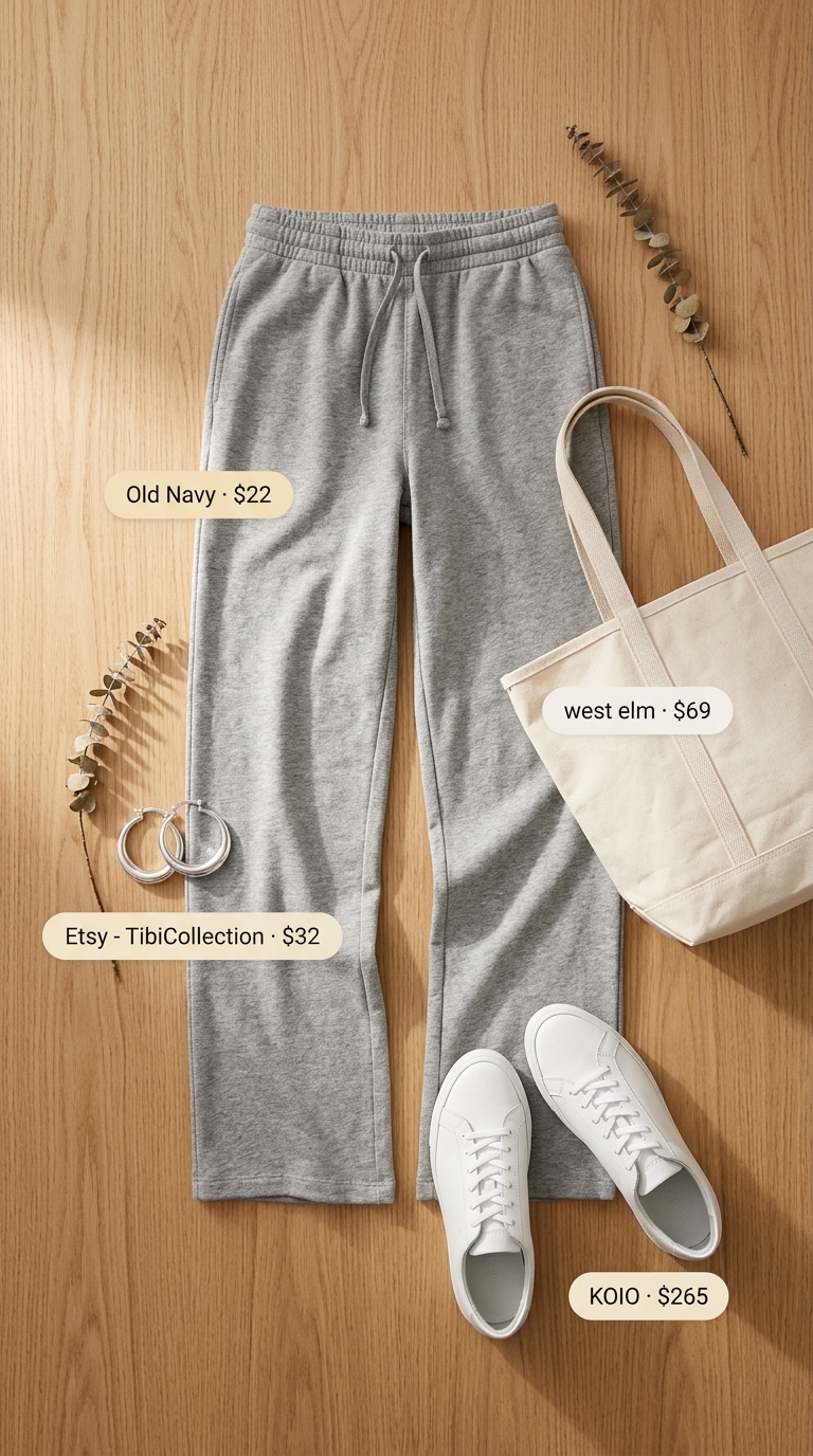Comfortable summer outfit for women over 50 2026: Grey knit set, white sneakers, canvas tote for travel or errands.
