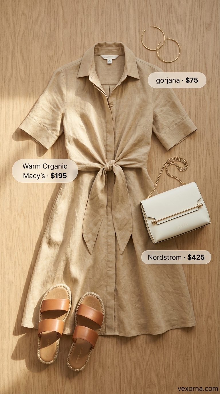 Comfortable summer outfit for women over 50 2026: Khaki linen shirt dress, crossbody bag, espadrilles for travel.