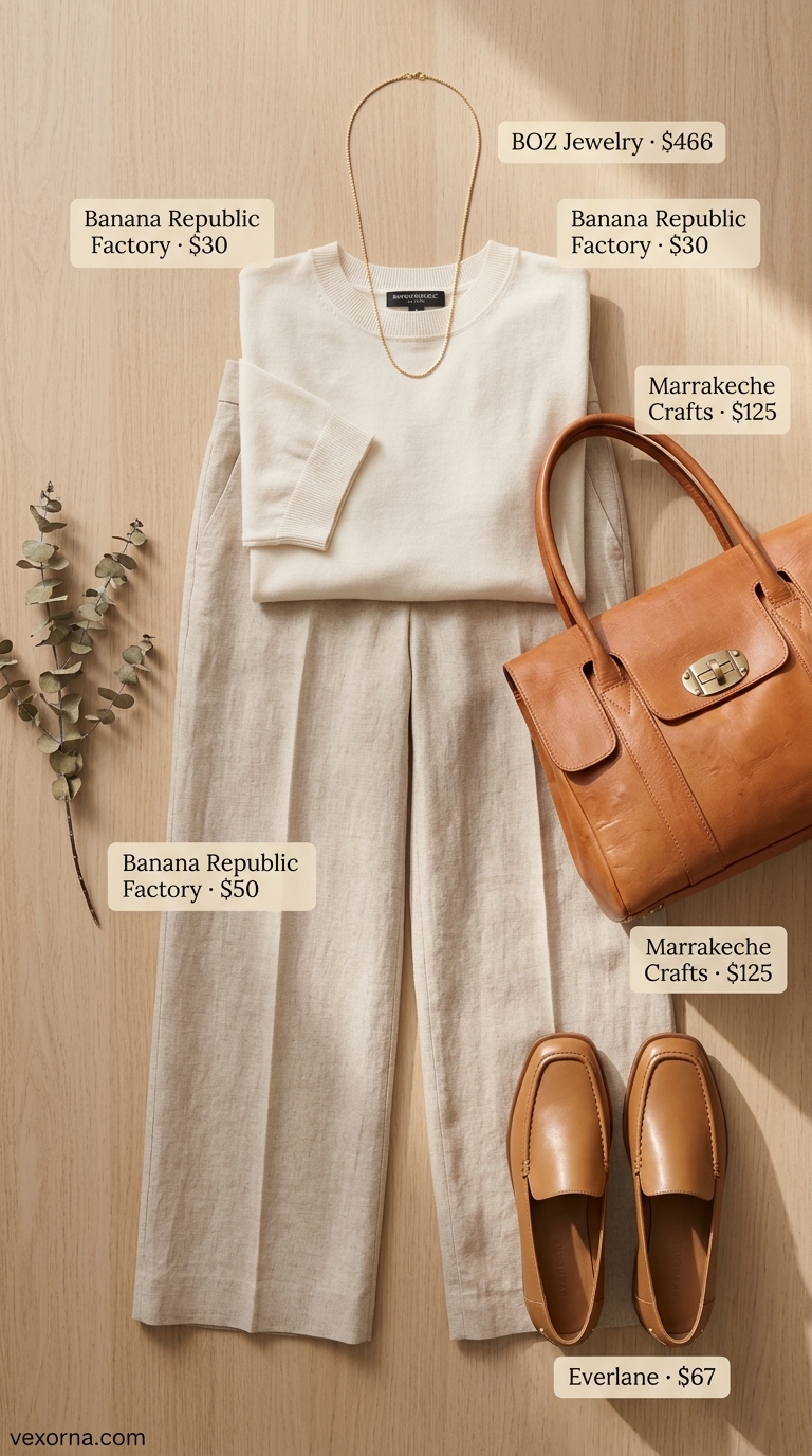 Comfortable summer outfit for women over 50 2026: Beige linen pants, white sweater, leather loafers for casual outing.