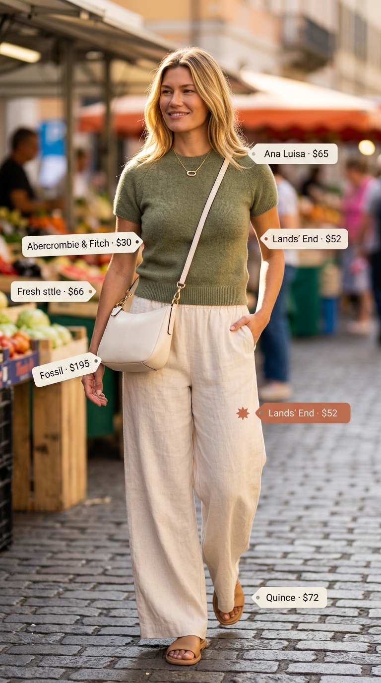 Comfortable summer outfit for women over 50 2026: Cream linen pants, olive sweater, tan sandals for relaxed brunch.