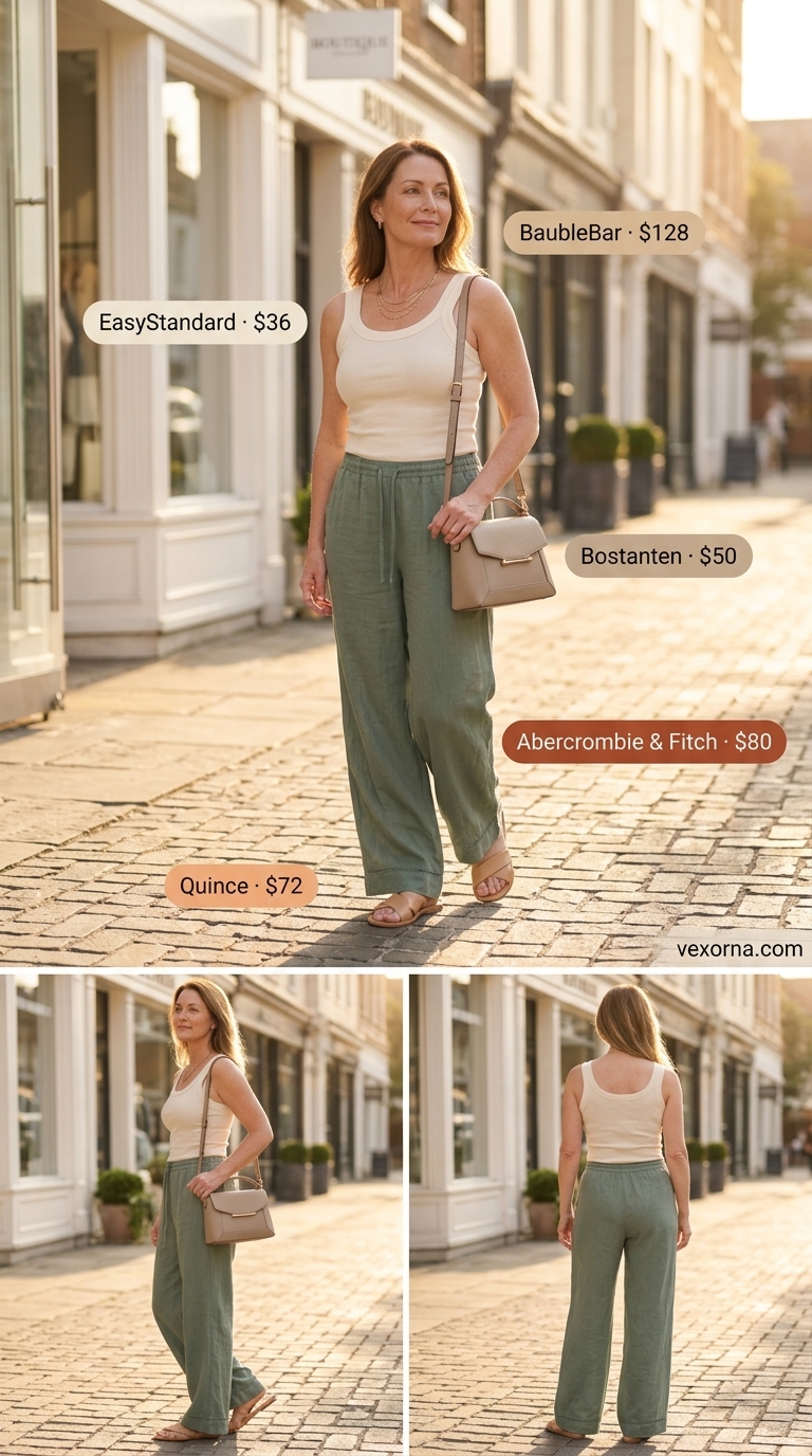 Comfortable summer outfit for women over 50 2026: Sage linen pants, cream tank, leather slides for evening.