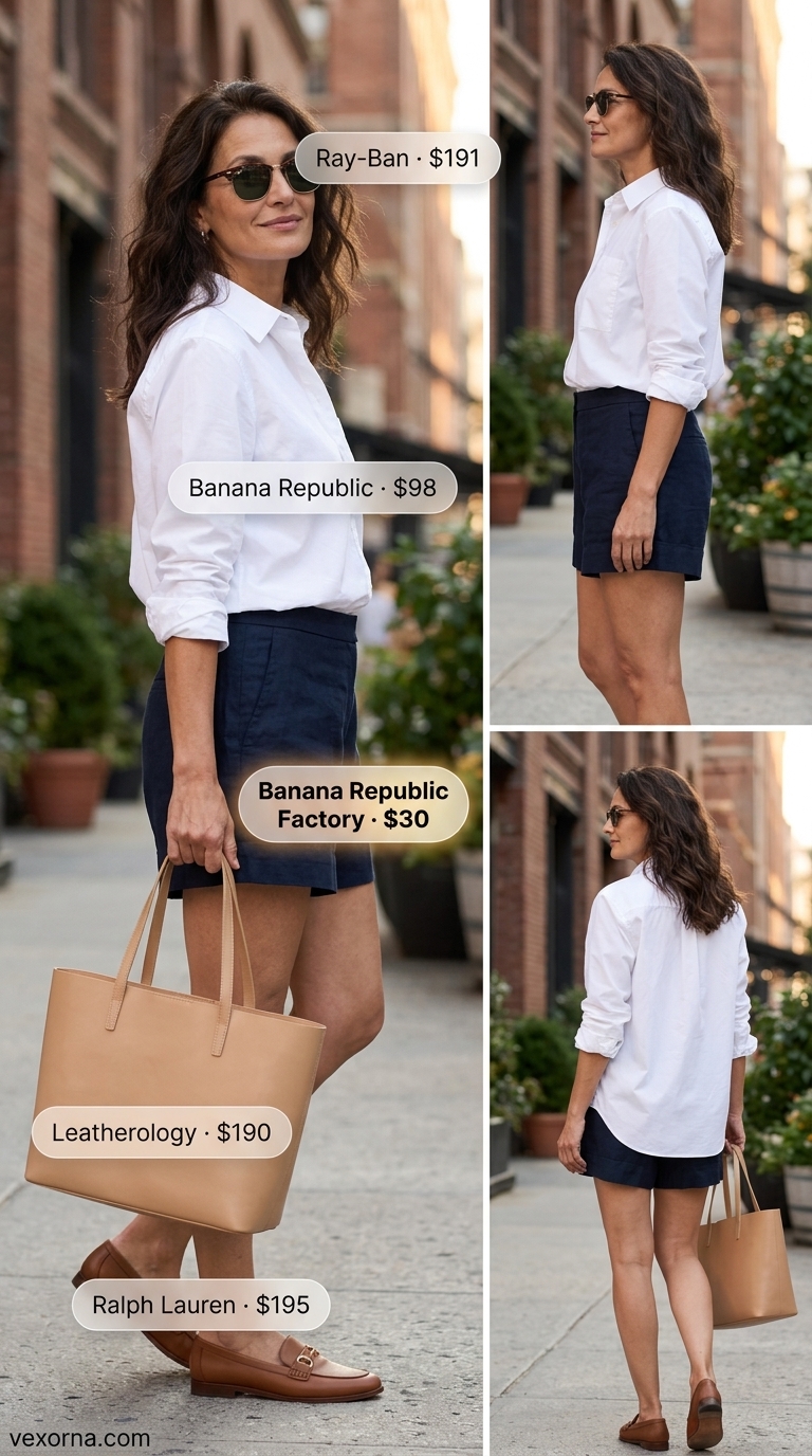Comfortable summer outfit for women over 50 2026: White oversized shirt, navy linen shorts, leather loafers for brunch.