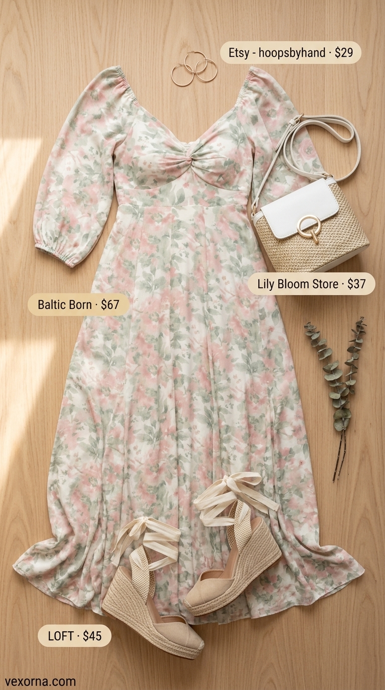 Comfortable summer outfit for women over 50 2026: Blush pink floral maxi dress, straw bag, espadrilles for a relaxed daytime event.