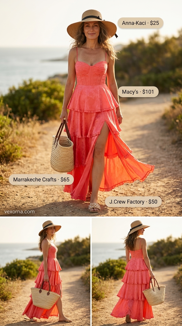 Comfortable summer outfit for women over 50 2026: Coral maxi dress, straw hat, slide sandals for beach day.