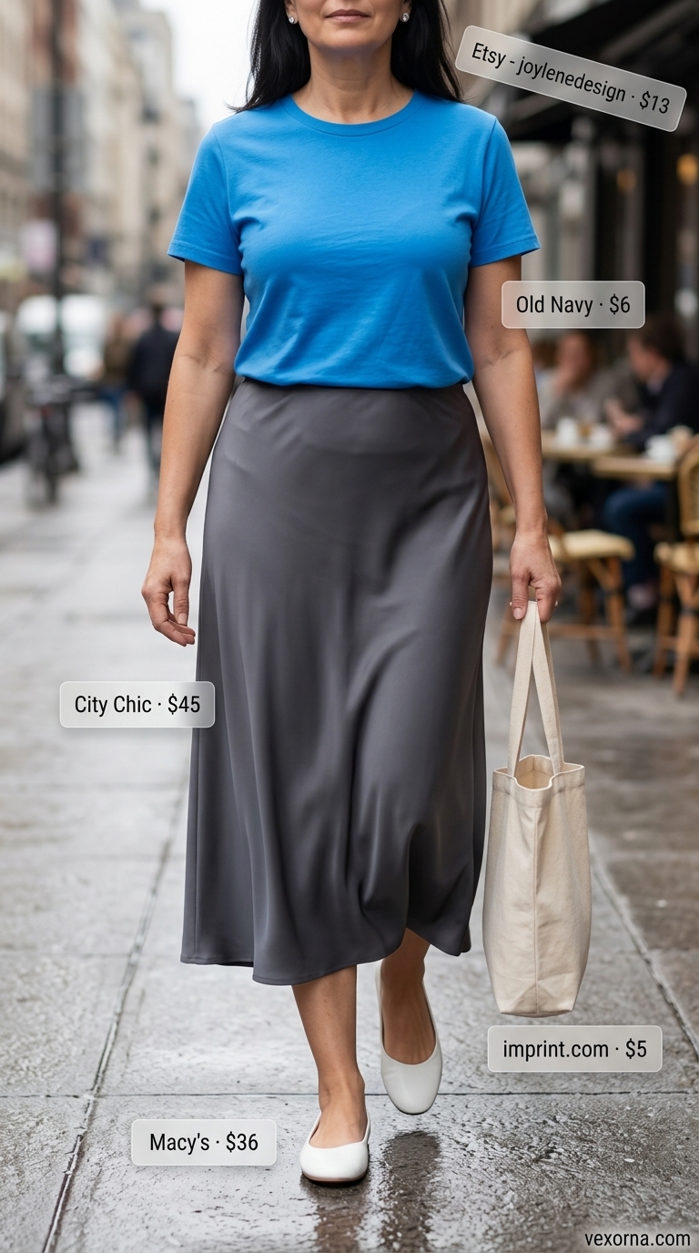 Comfortable summer outfit for women over 50 2026: Charcoal grey midi skirt, soft blue tee, ballet flats for casual day out.