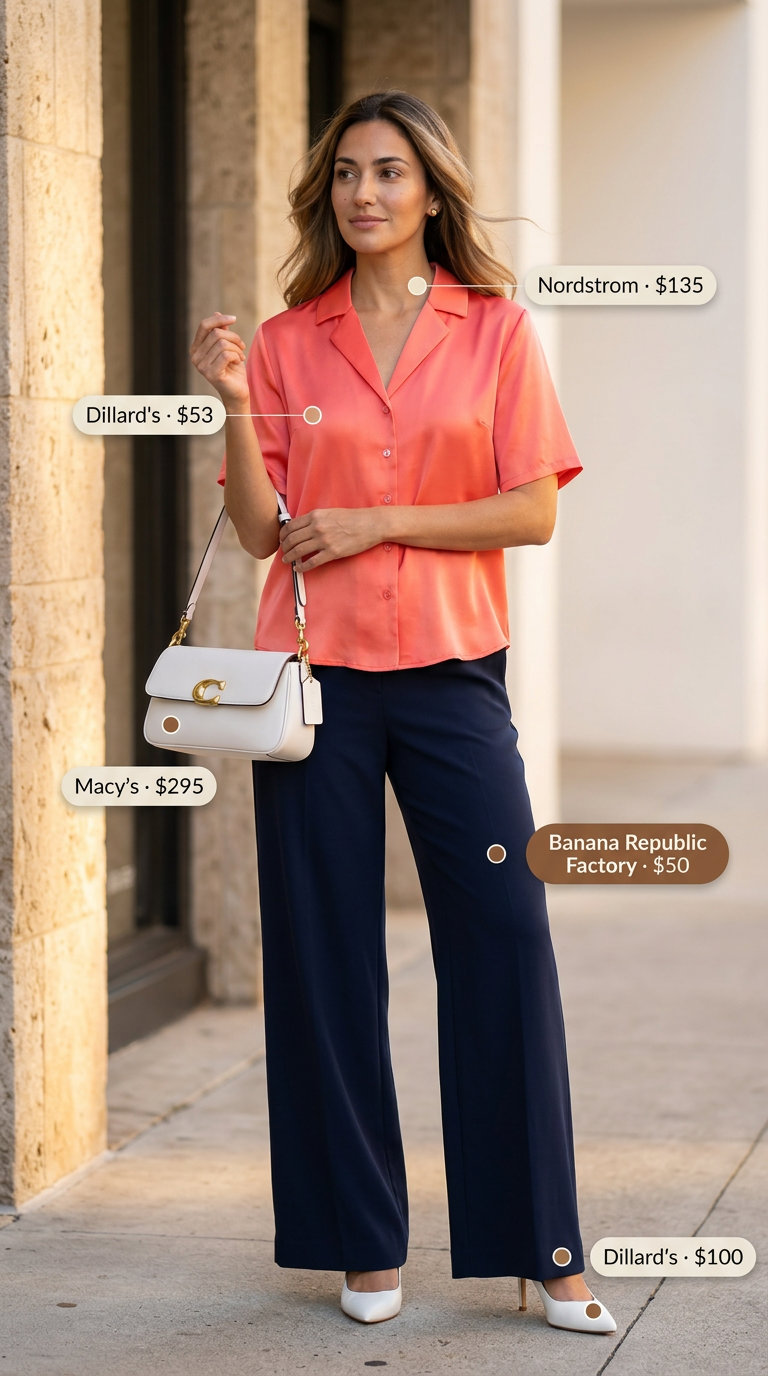 Comfortable summer outfit for women over 50 2026: Navy wide-leg pants, coral blouse, white pumps, and structured bag.