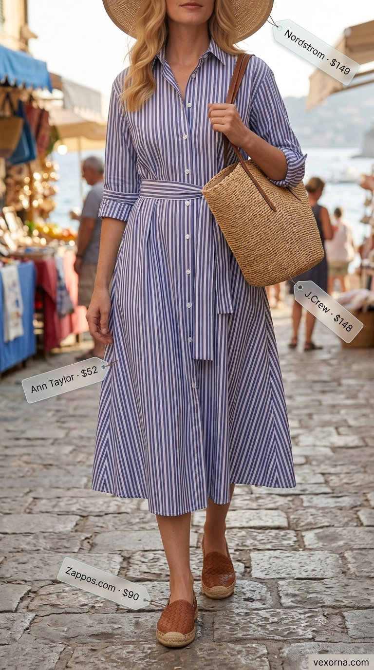 Comfortable summer outfit for women over 50 2026: Blue stripe shirtdress, straw hat, espadrille flats for vacation.