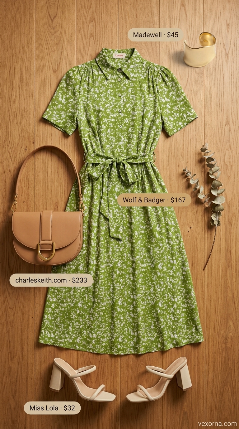 Comfortable summer outfit for women over 50 2026: Olive shirt dress, cream mules, gold jewelry for office casual.