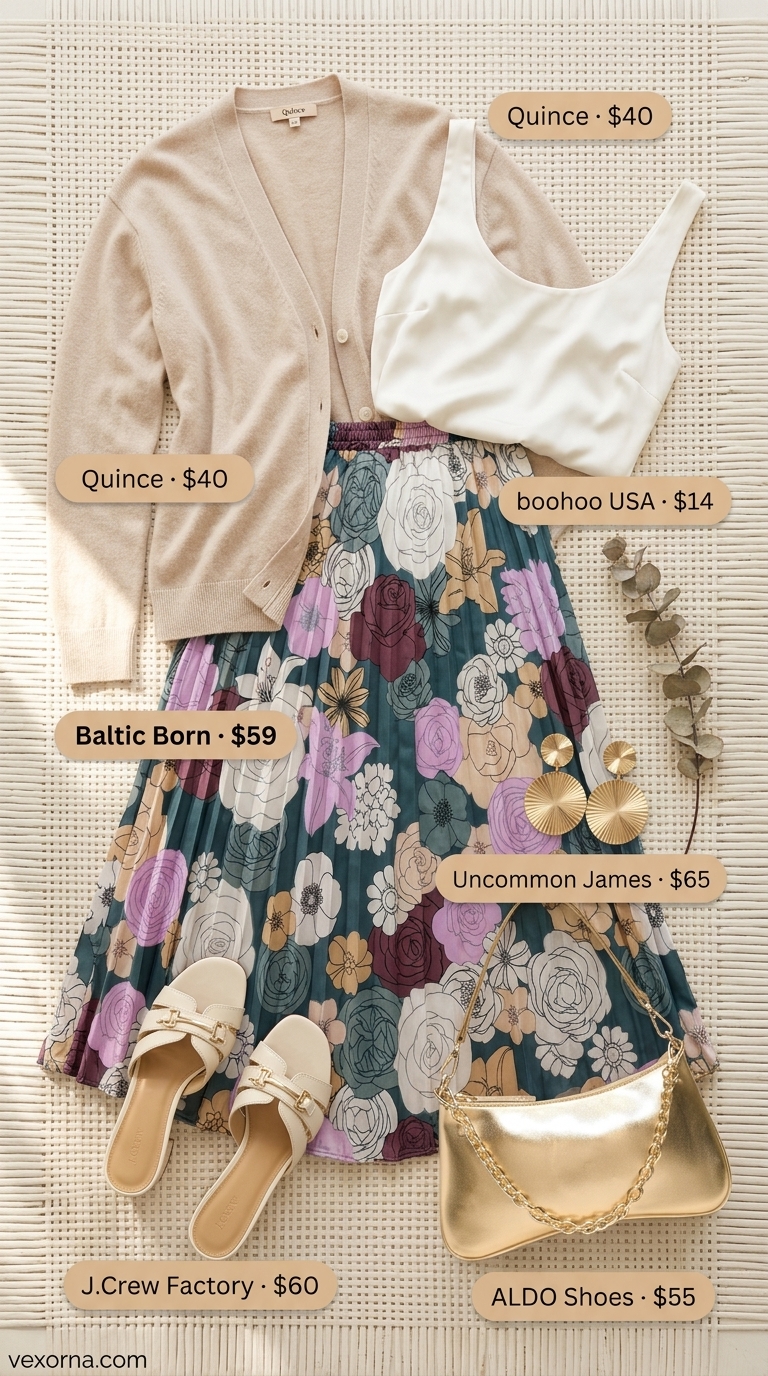 Comfortable summer outfit for women over 50 2026: Teal floral midi skirt, ivory camisole, fine-knit cardigan, and block heels.