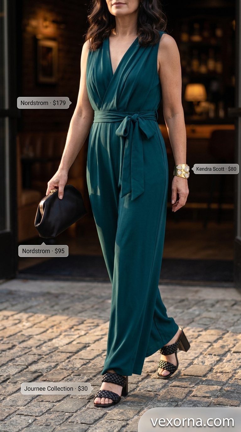 Comfortable summer outfit for women over 50 2026: Deep teal wide-leg jumpsuit, black heeled mules, and gold cuff.