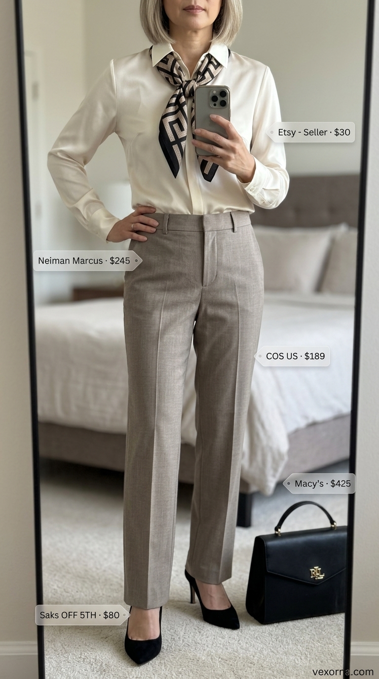 Comfortable summer outfit for women over 50 2026: Taupe trousers, ivory blouse, black pumps for smart casual.