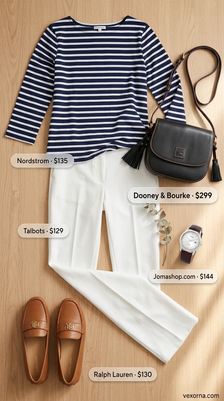 Comfortable summer outfit for women over 50 2026: White trousers, navy stripe top, tan driving moccasins for lunch.