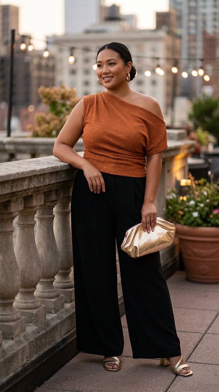 A glamorous plus size outfit featuring a burnt sienna one-shoulder knit top, black palazzo pants, and gold heels, perfect for comfy plus size summer outfits for women 2026 nights.