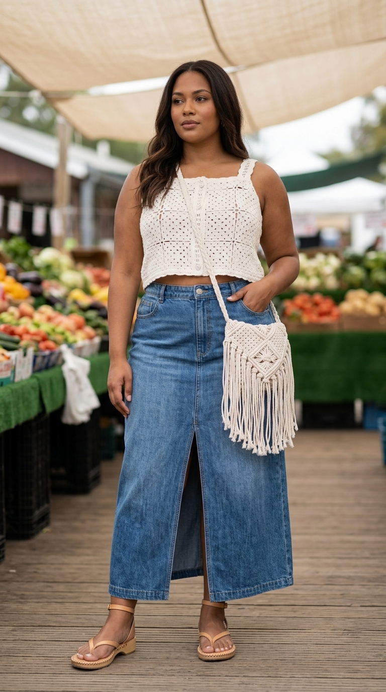 A stylish plus size woman in an indigo hemp denim midi skirt, cream crochet crop top, and chunky wooden clogs, embodying comfy plus size summer outfits for women 2026.