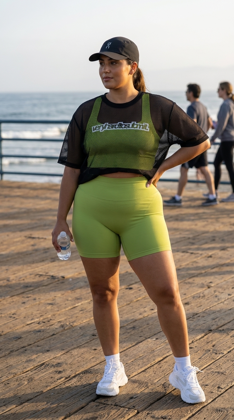 Plus size woman in an electric lime sports bra and biker shorts, black mesh shirt, and white sneakers for comfy plus size summer outfits 2026.