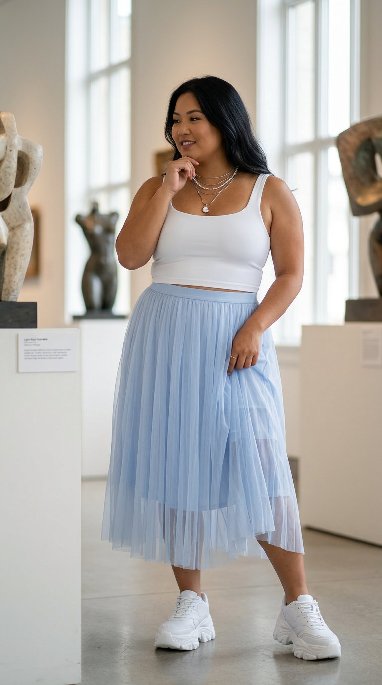 comfy plus size summer outfits for women 2026 - Whimsical Urban Tulle Layers outfit idea