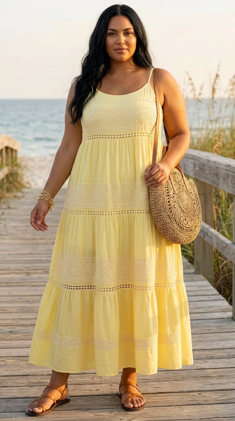 Plus size woman in a lemon zest tiered maxi dress, tan mandals, and a woven straw tote for comfy plus size summer outfits 2026.
