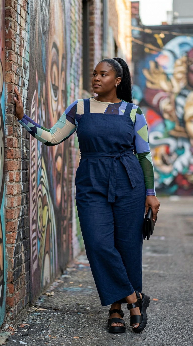A plus size model wears a navy wide-leg jumpsuit layered with an abstract print mesh top, styled for comfy plus size summer outfits for women 2026.