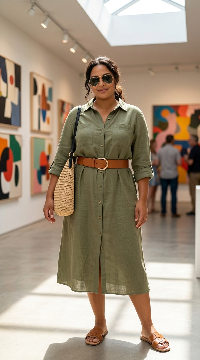 An adventurous plus size olive green linen-blend lace-up shirt dress with a tan belt, slide sandals, and straw bag, for comfy plus size summer outfits for women 2026.