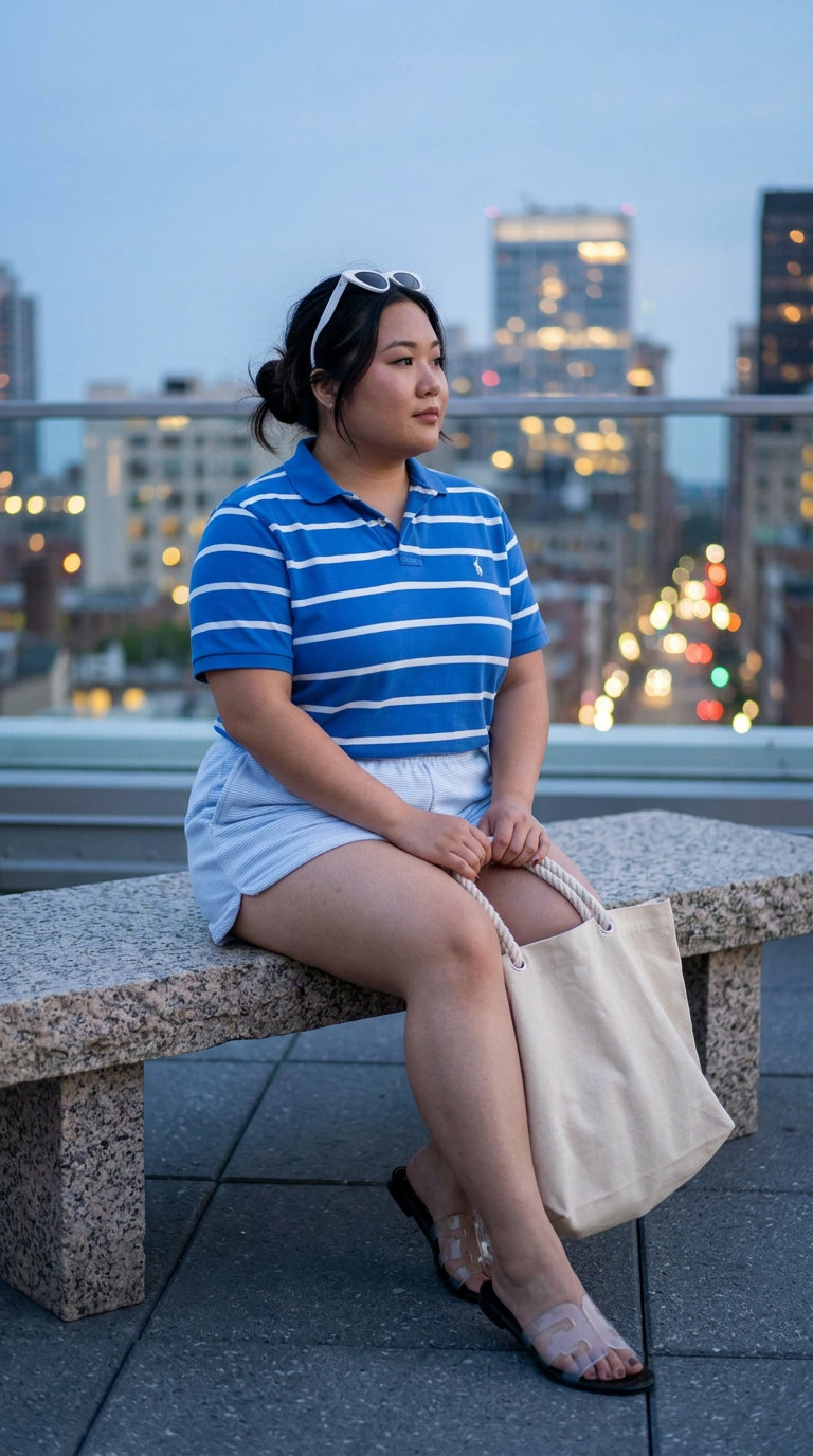 Plus size woman in a pool blue terry cloth polo and shorts set, clear jelly sandals, and retro cat-eye sunglasses for comfy plus size summer outfits 2026.