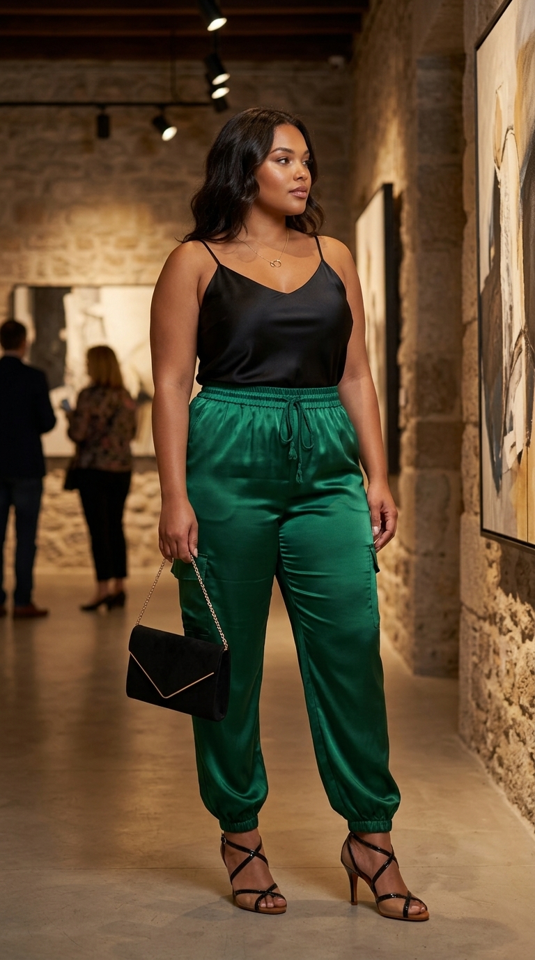 Sophisticated comfy plus size summer outfits for women 2026 featuring emerald green satin joggers, a black silk camisole, and stiletto sandals for an elegant evening out or dinner date.