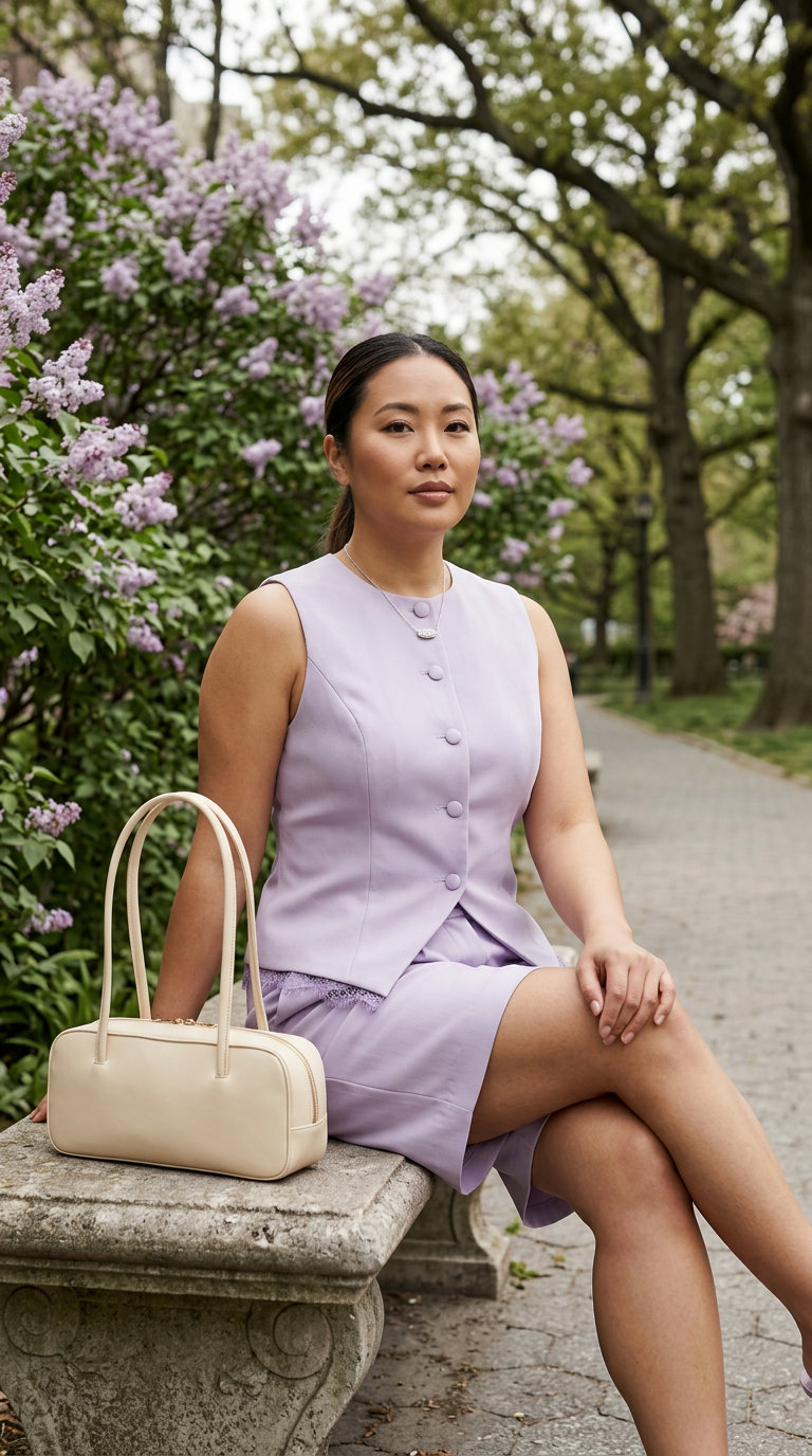 Confident comfy plus size summer outfits for women 2026 featuring a tailored lilac wool-silk vest and matching Bermuda shorts, styled with cream block heel mules for a business casual event.