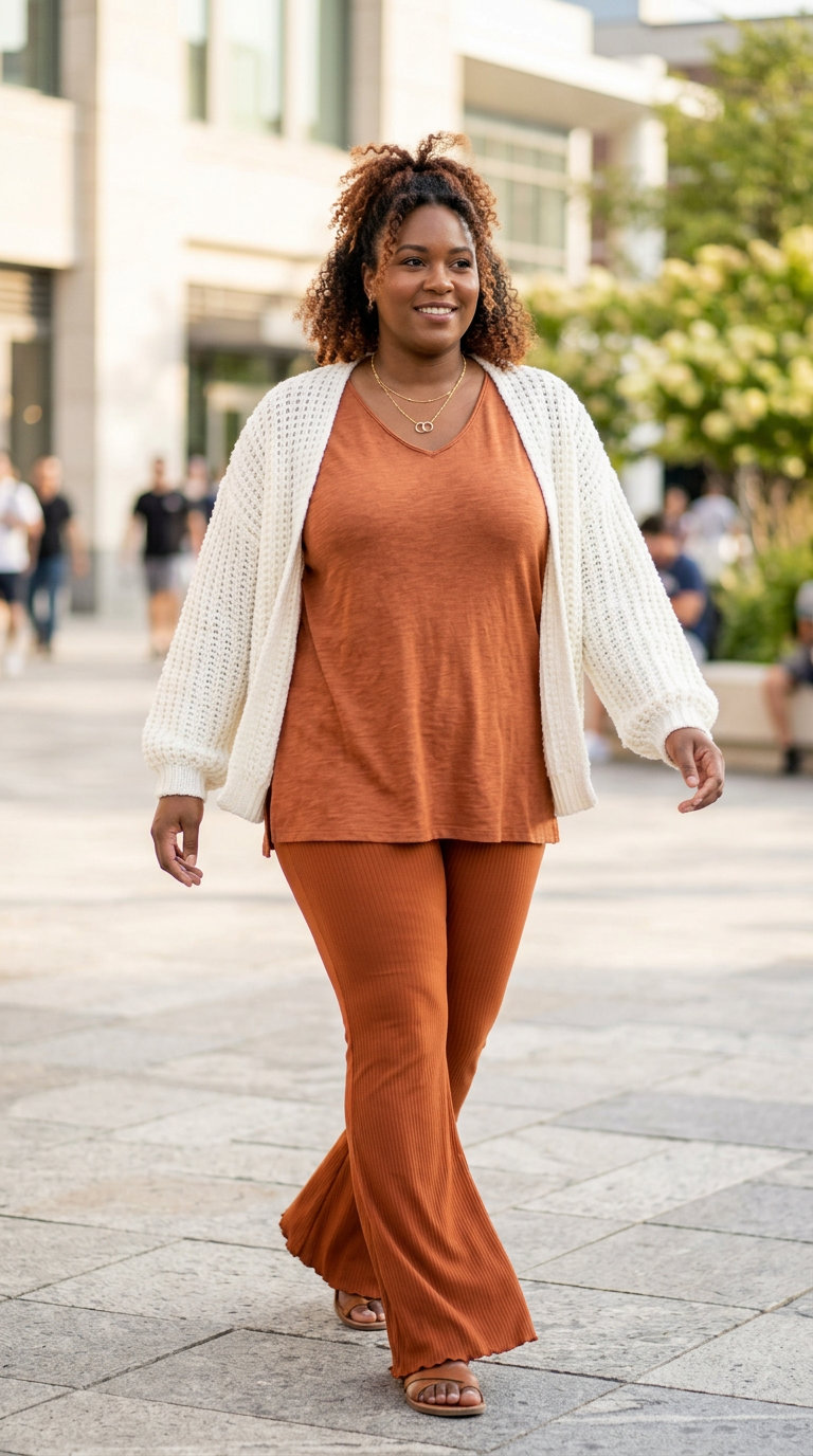 Retro comfy plus size summer outfits for women 2026 with a warm rust ribbed tunic and matching flared leggings, layered with a cream chunky knit cardigan for a coffee date or lounge.