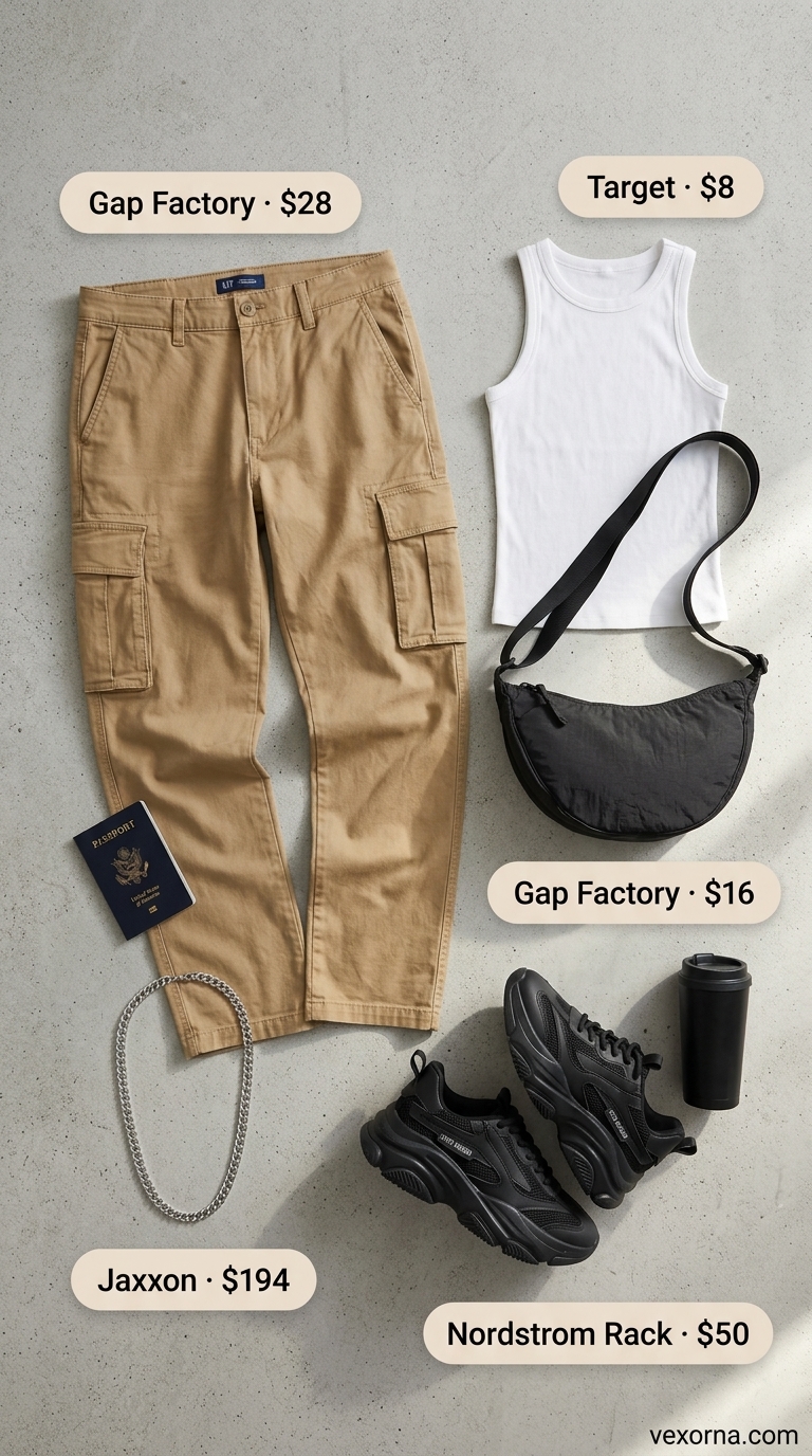 Comfy summer road trip outfits for women 2026: Khaki cargo pants, white tank, platform sneakers, crossbody bag, and silver necklace.