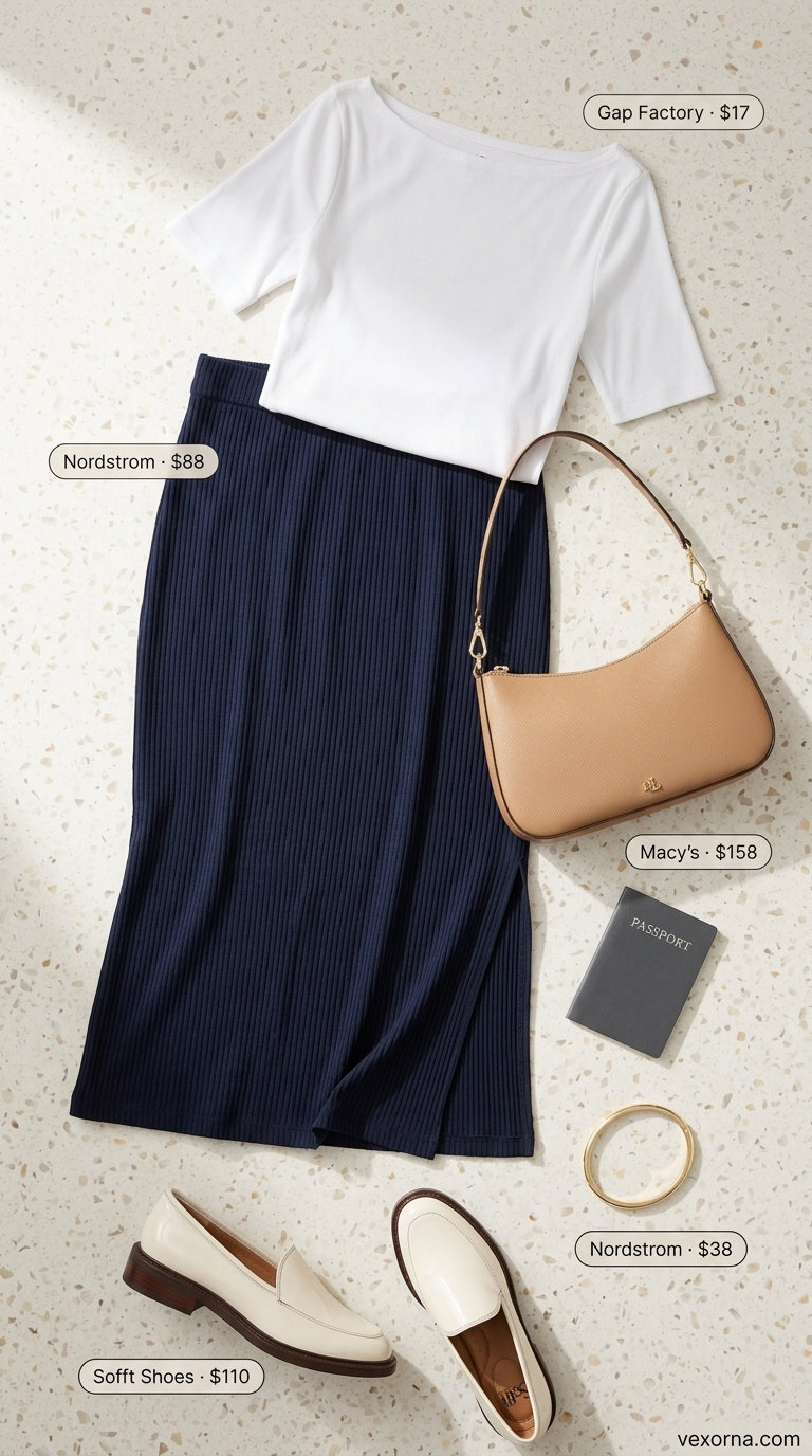 Comfy summer road trip outfits for women 2026: Navy A-line skirt, white knit top, leather loafers, shoulder bag, and gold bangle.