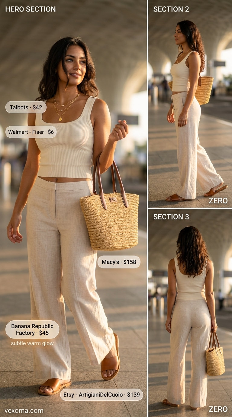 Comfy summer road trip outfits for women 2026: Cream linen pants, olive tank, straw tote, and leather slides for a coastal vibe.