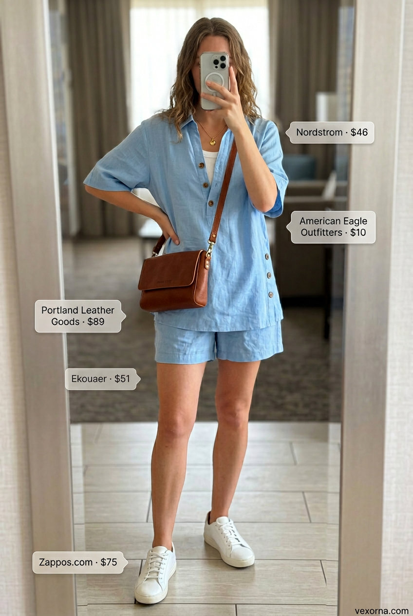 Comfy summer road trip outfits for women 2026: Light blue linen shorts set, white tank, leather bag, and sneakers for a coordinated look.