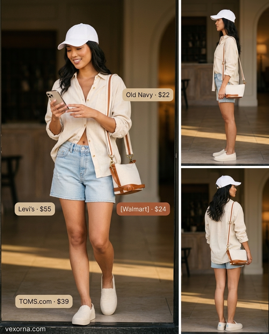 Comfy summer road trip outfits for women 2026: Light wash denim shorts, oversized linen shirt, canvas sneakers, crossbody bag, and cap.